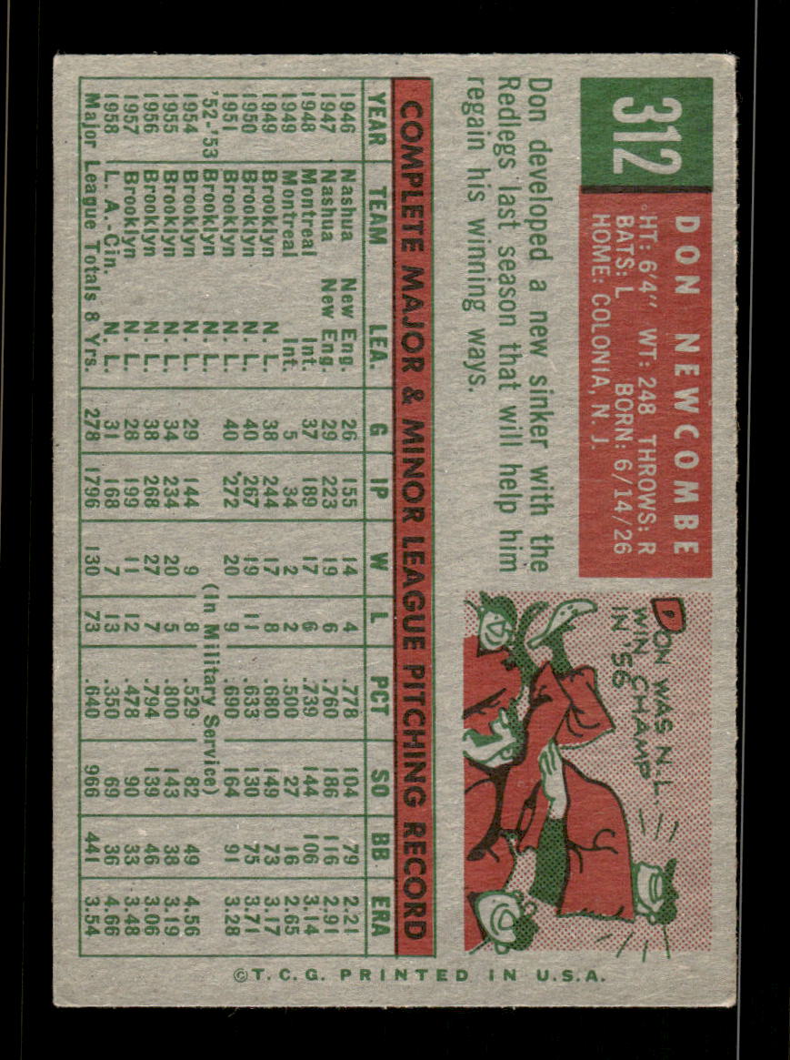 1959 Topps #312 Don Newcombe Cincinnati Redlegs EX HOF10009381