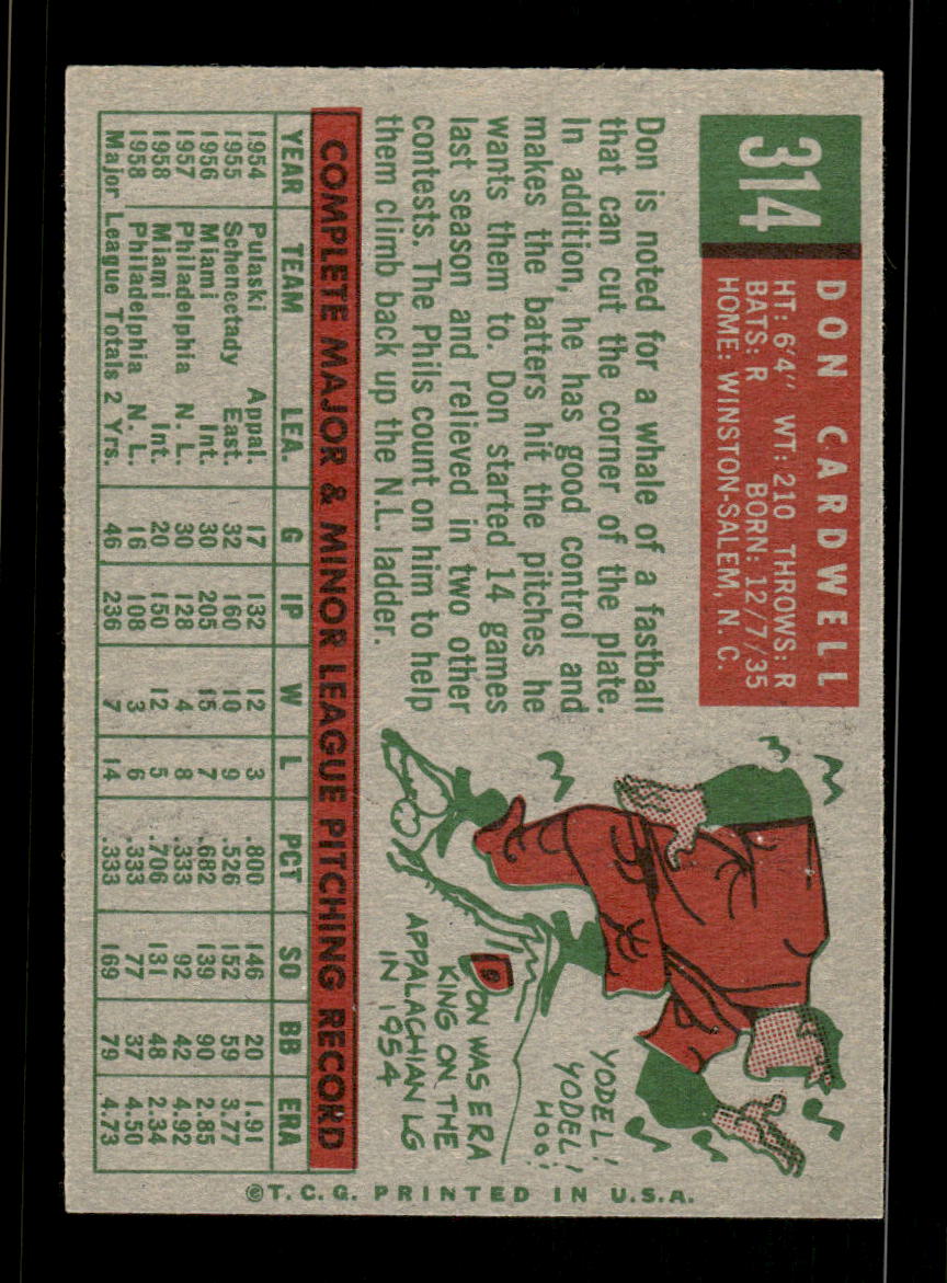 1959 Topps #314 Don Cardwell Philadelphia Phillies EXMT HOF10009383