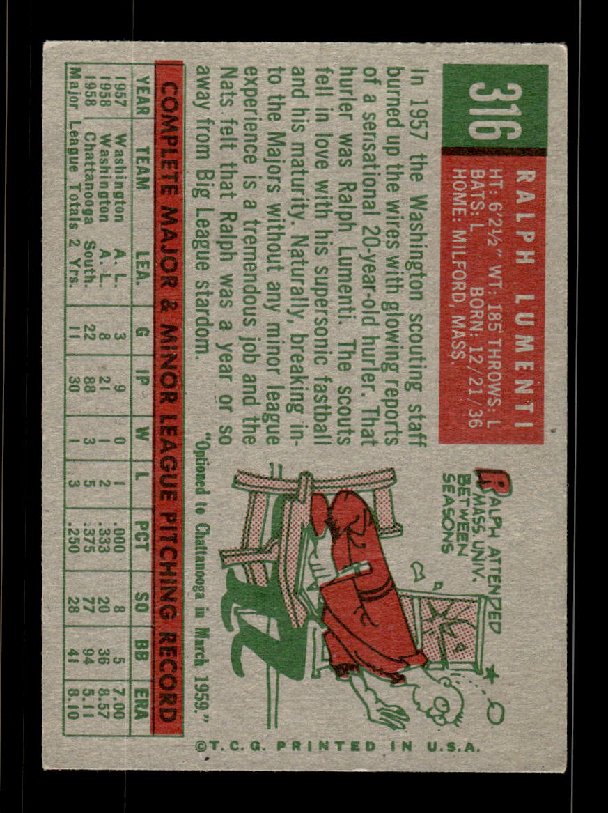 1959 Topps #316b Ralph Lumenti Washington Senators EXMT HOF10009385