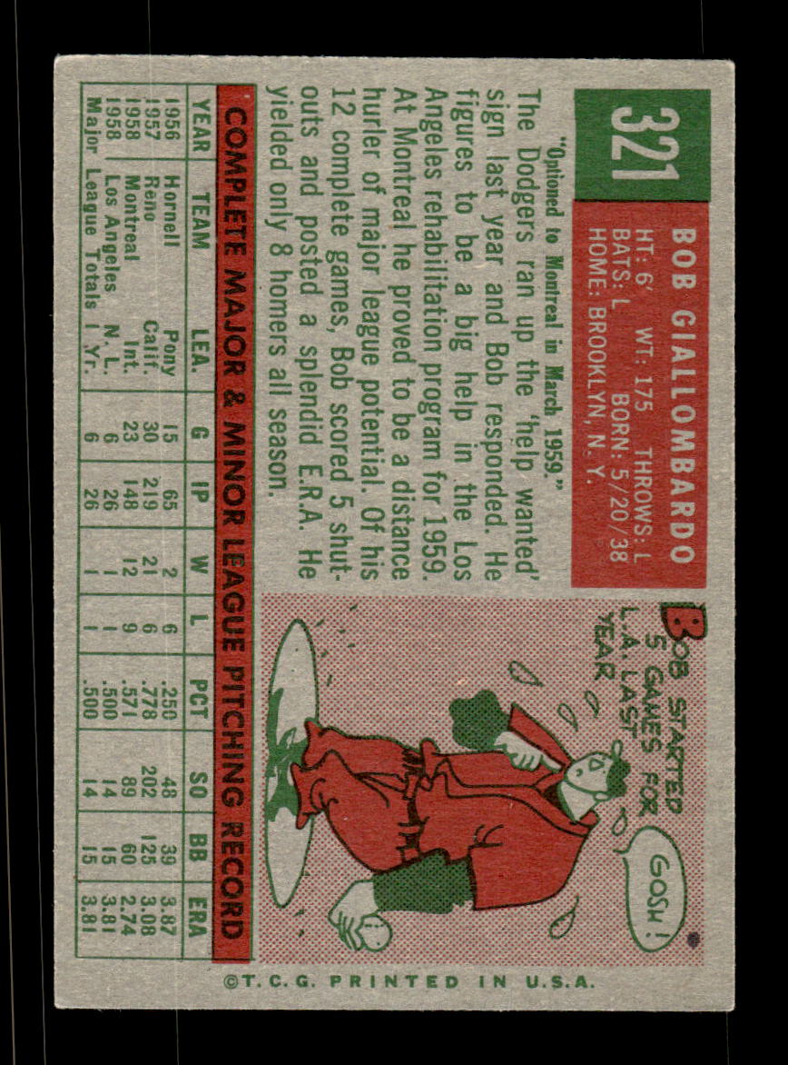 1959 Topps #321b Bob Giallombardo Los Angeles Dodgers EX HOF10009389