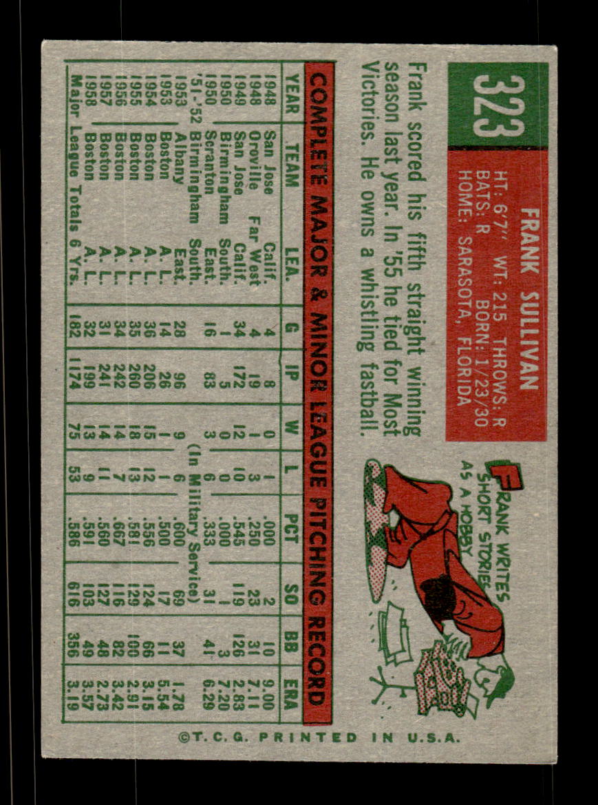 1959 Topps #323 Frank Sullivan Boston Red Sox EX HOF10009391