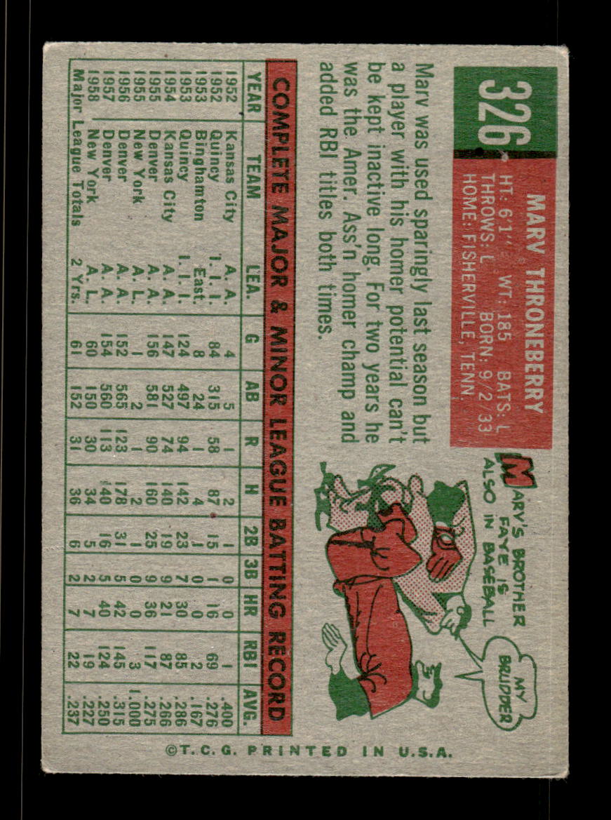 1959 Topps #326 Marv Throneberry New York Yankees EX HOF10009394