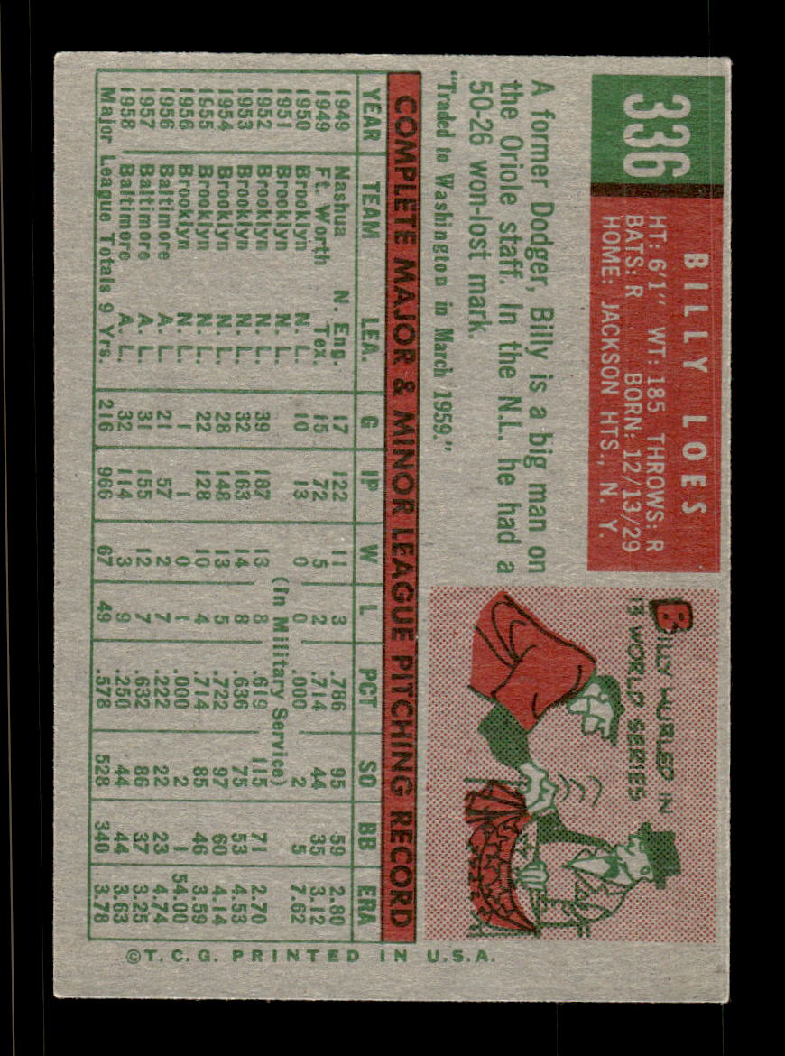 1959 Topps #336a Billy Loes Baltimore Orioles EX HOF10009403