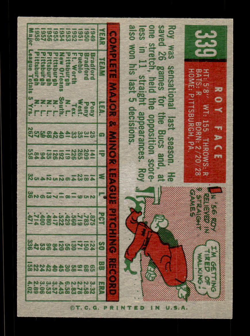 1959 Topps #339 Roy Face Pittsburgh Pirates EXMT HOF10009405