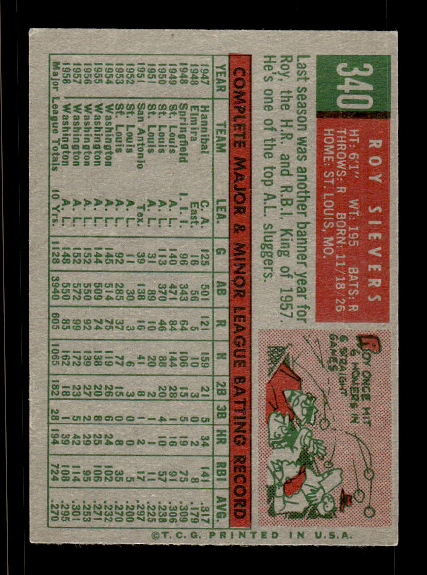 1959 Topps #340 Roy Sievers Washington Senators EX HOF10009406