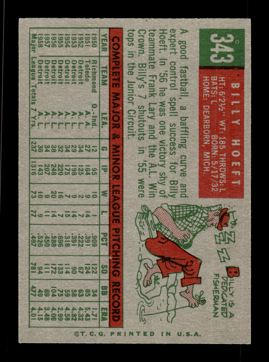 1959 Topps #343 Billy Hoeft Detroit Tigers EXMT HOF10009409