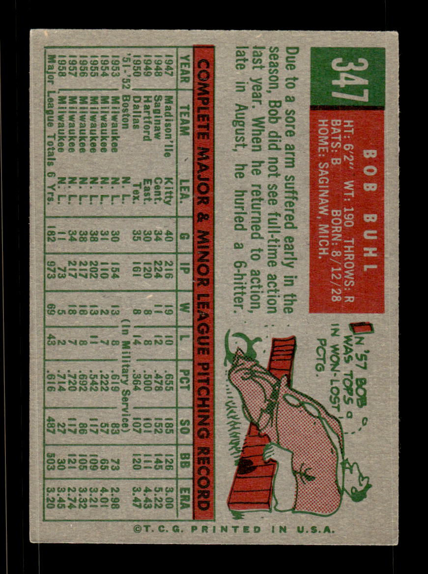1959 Topps #347 Bob Buhl Milwaukee Braves EX HOF10009411