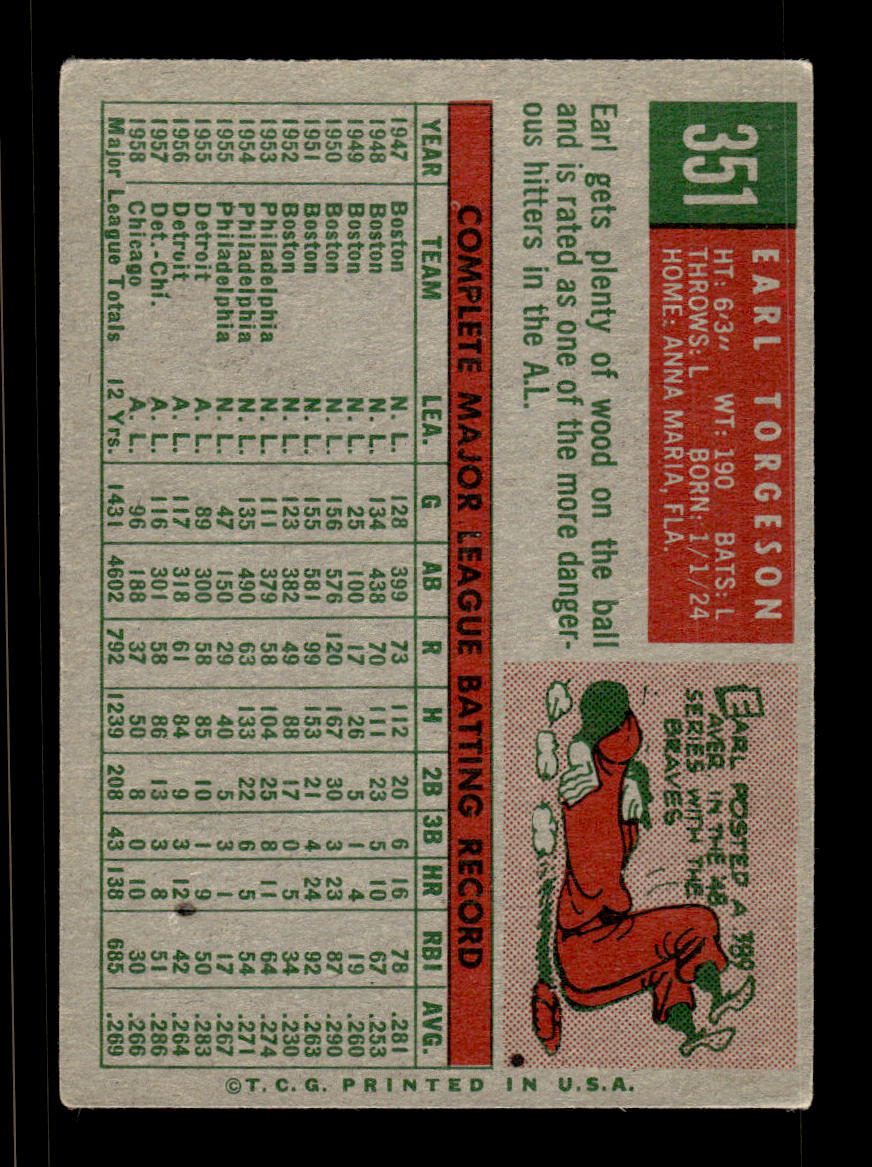 1959 Topps #351 Earl Torgeson Chicago White Sox VGEX HOF10009413