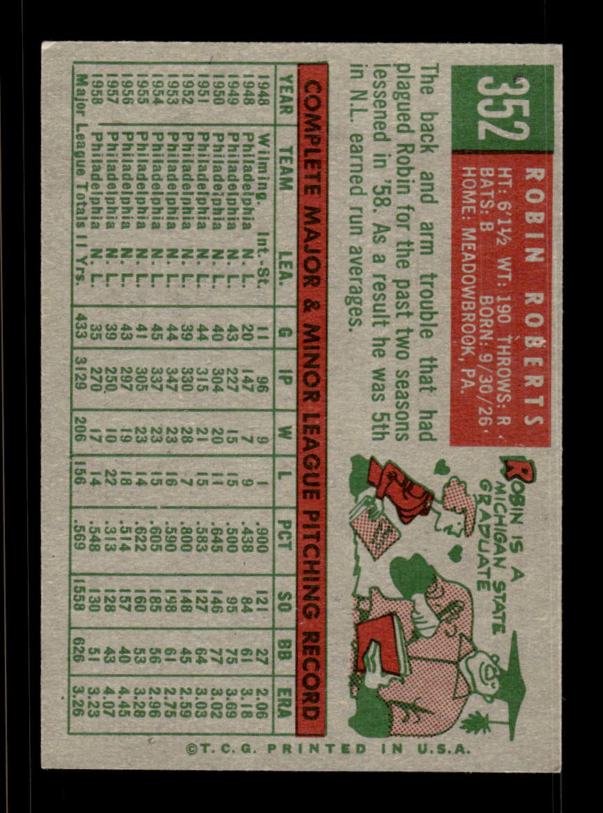 1959 Topps #352 Robin Roberts Philadelphia Phillies EXMT HOF10009414