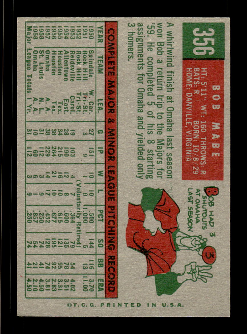 1959 Topps #356 Bob Mabe Cincinnati Redlegs EX HOF10009417