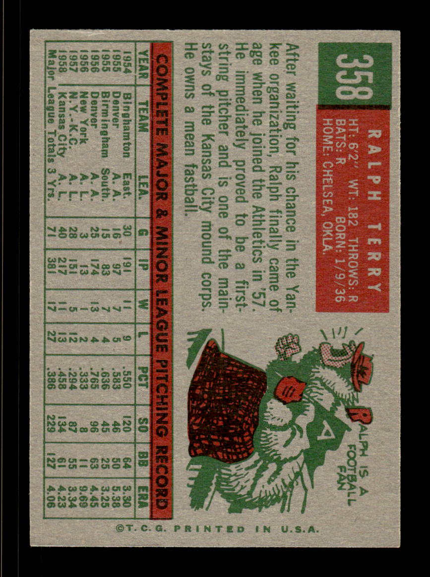 1959 Topps #358 Ralph Terry Kansas City Athletics NMT HOF10009419