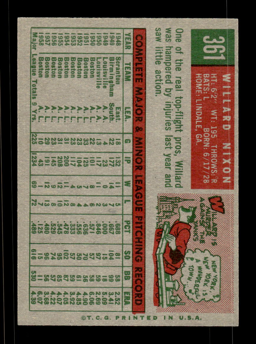 1959 Topps #361 Willard Nixon Boston Red Sox NMT HOF10009421