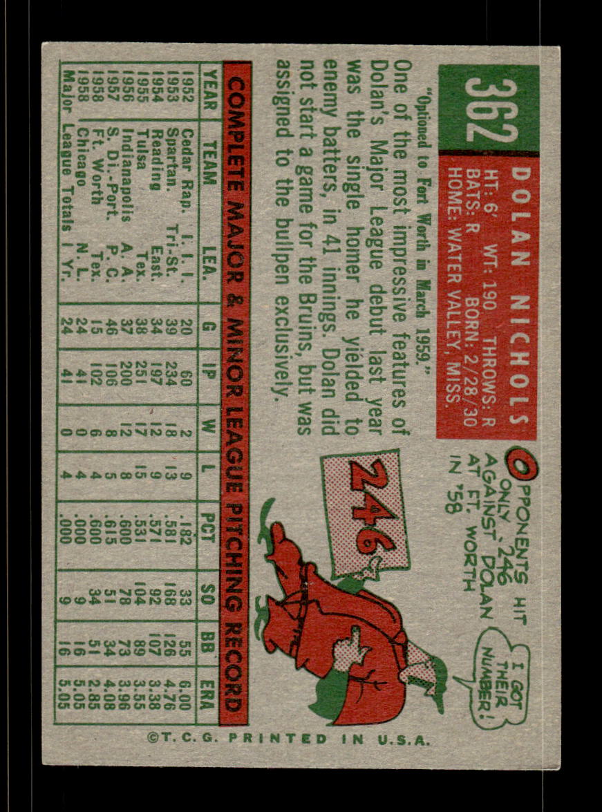 1959 Topps #362b Dolan Nichols Chicago Cubs NMT HOF10009422