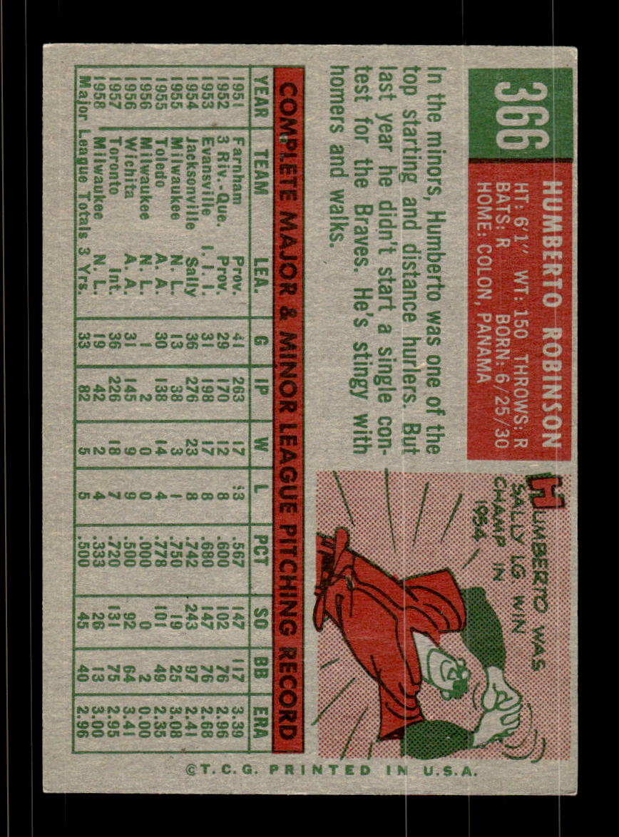 1959 Topps #366 Humberto Robinson Milwaukee Braves EX HOF10009426