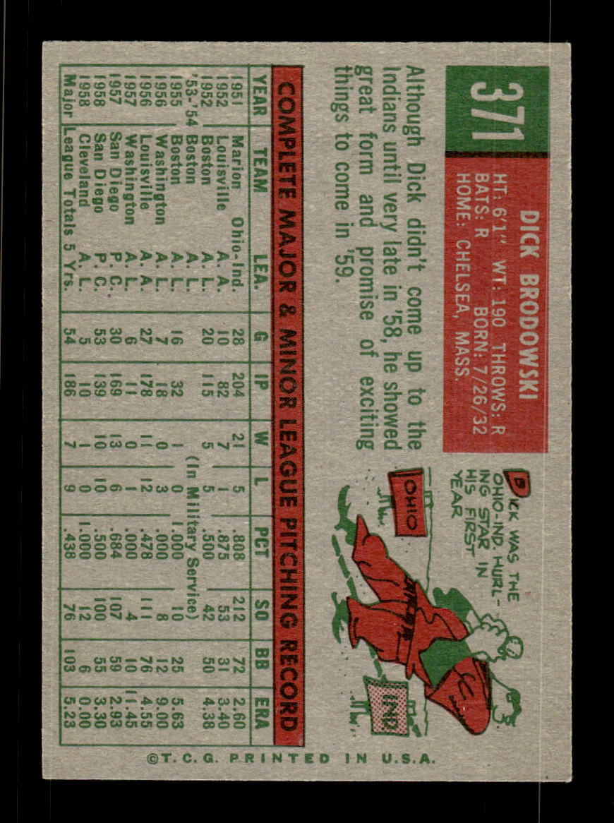 1959 Topps #371 Dick Brodowski Cleveland Indians NMT HOF10009431