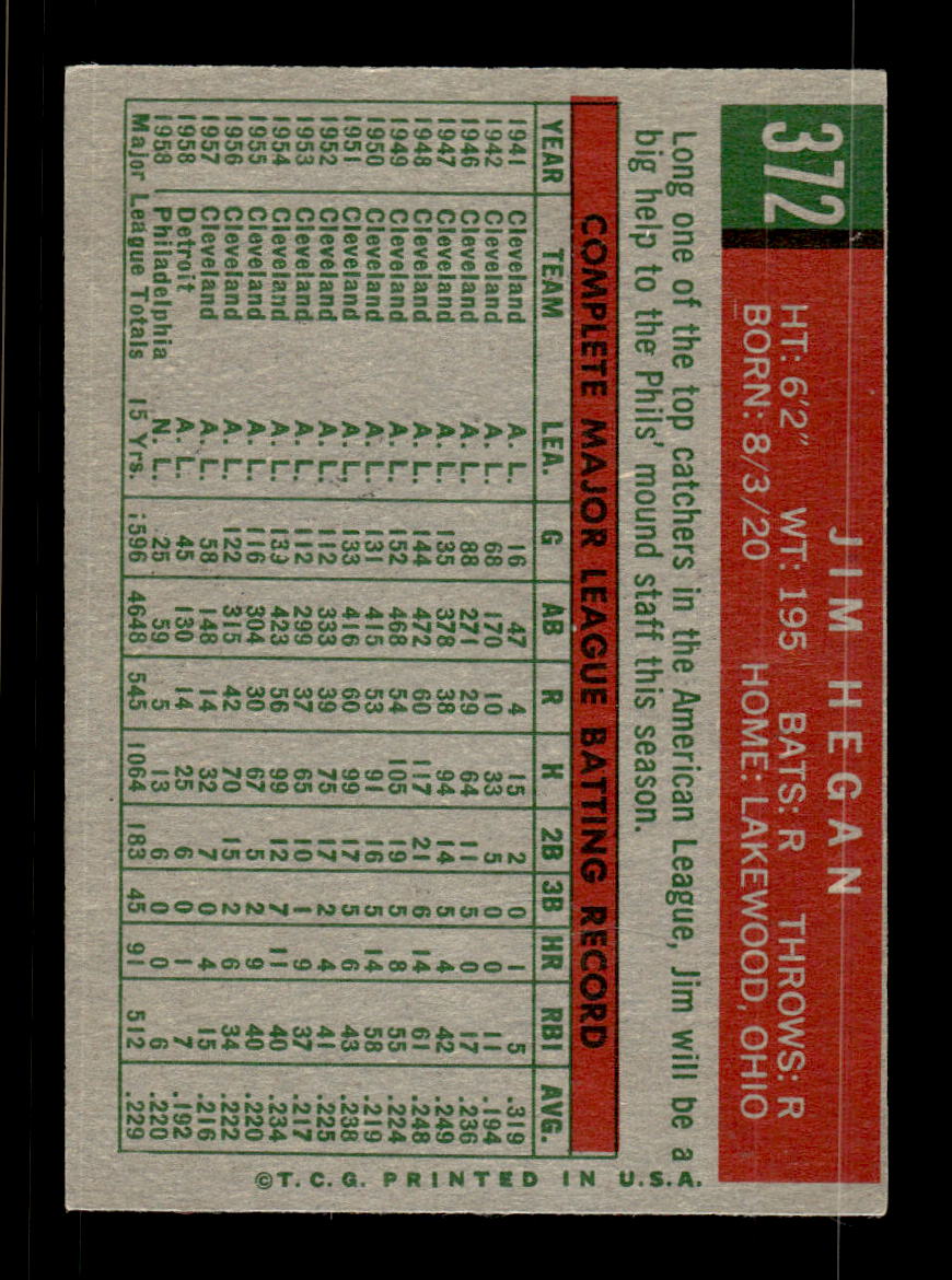 1959 Topps #372 Jim Hegan Philadelphia Phillies EXMT HOF10009432