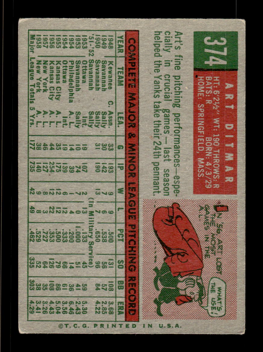 1959 Topps #374 Art Ditmar New York Yankees EX HOF10009434