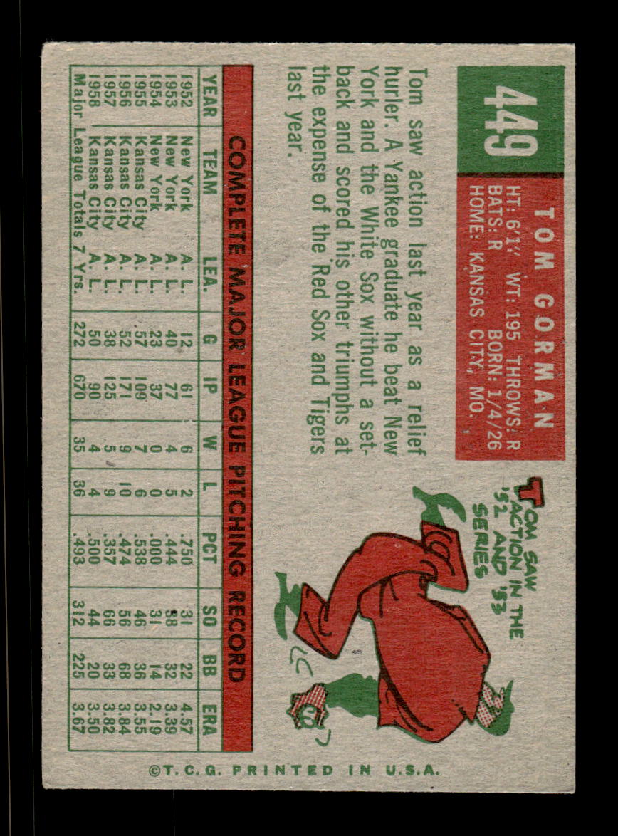 1959 Topps #449 Tom Gorman Kansas City Athletics EX HOF10009441