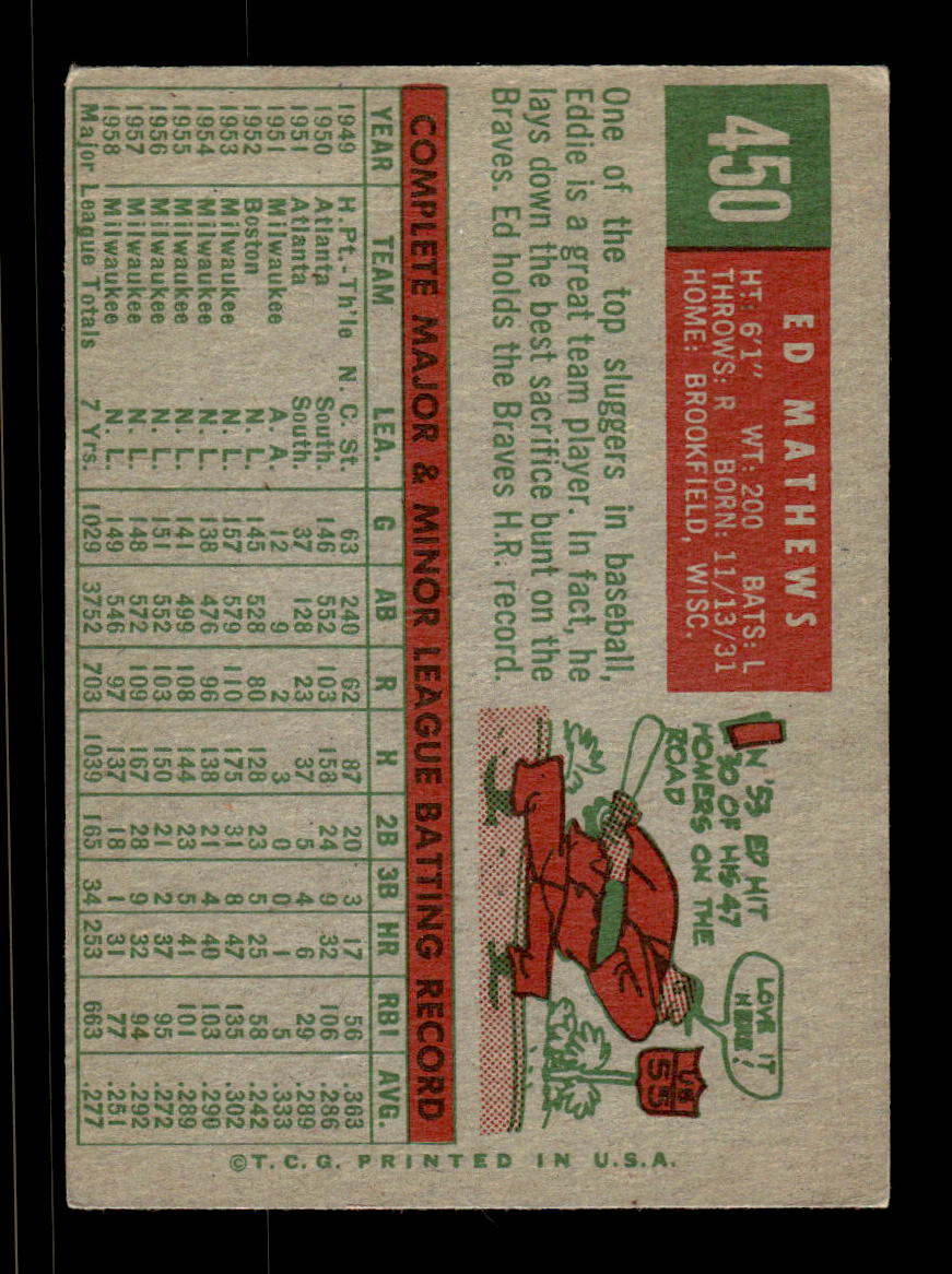 1959 Topps #450 Ed Mathews Milwaukee Braves EX HOF10009442
