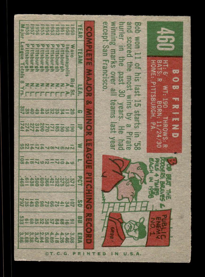 1959 Topps #460 Bob Friend Pittsburgh Pirates EX HOF10009451