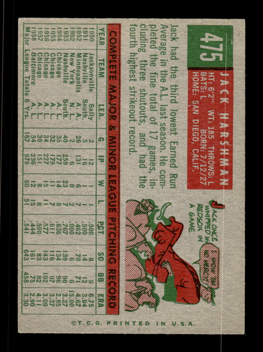 1959 Topps #475 Jack Harshman Baltimore Orioles EX HOF10009456