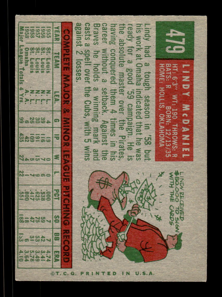 1959 Topps #479 Lindy McDaniel St. Louis Cardinals EX HOF10009459