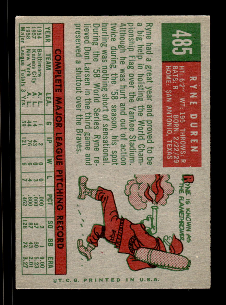 1959 Topps #485 Ryne Duren New York Yankees EX HOF10009465