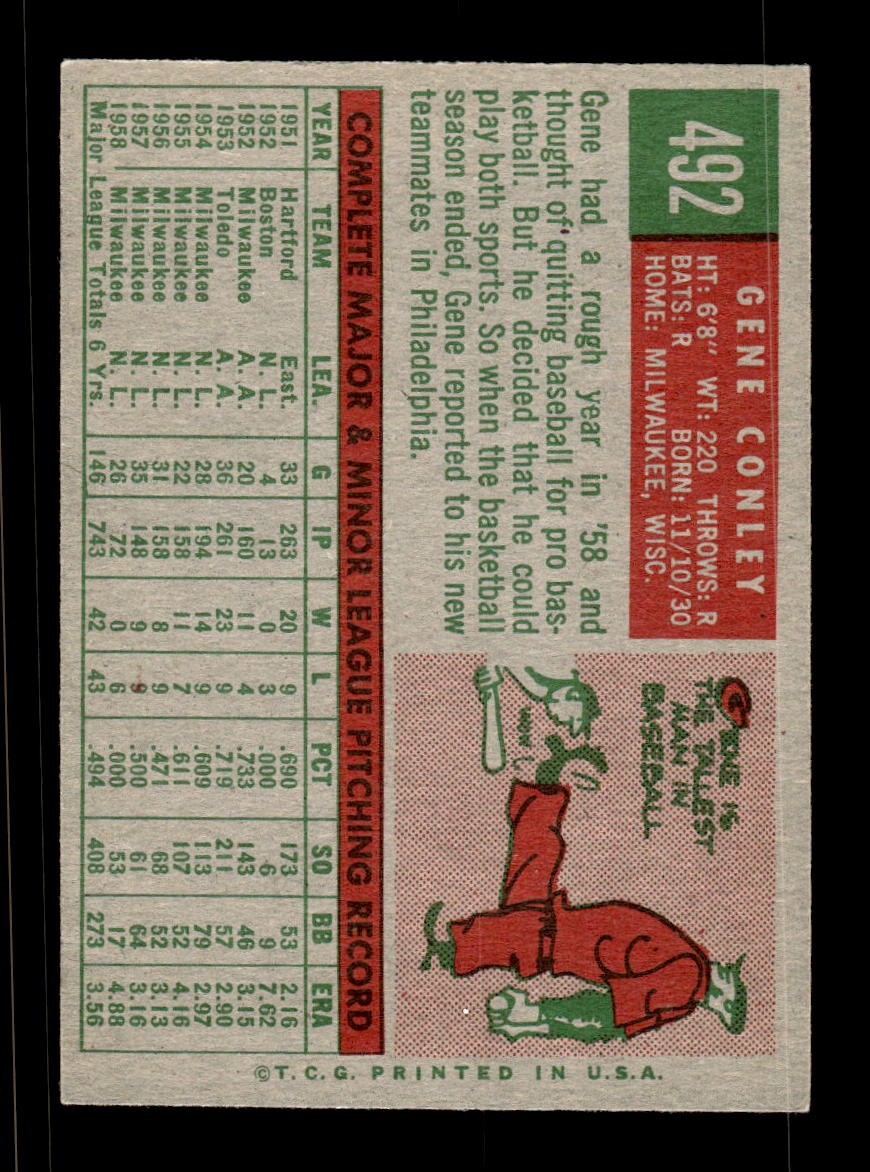 1959 Topps #492 Gene Conley Philadelphia Phillies EX HOF10009472
