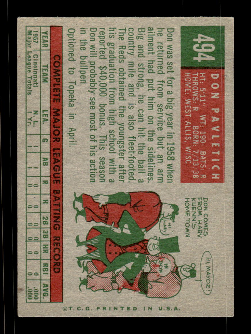 1959 Topps #494 Don Pavletich Cincinnati Redlegs EXMT HOF10009474