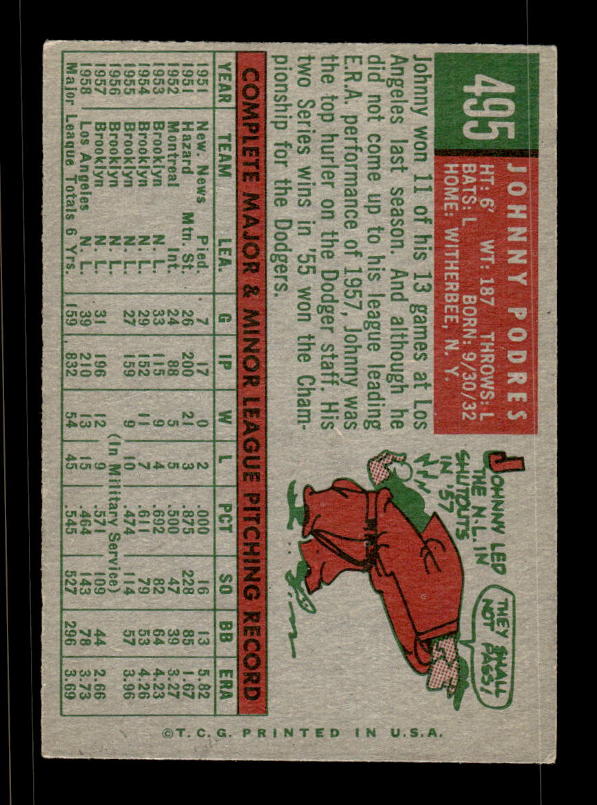 1959 Topps #495 Johnny Podres Los Angeles Dodgers EX HOF10009475