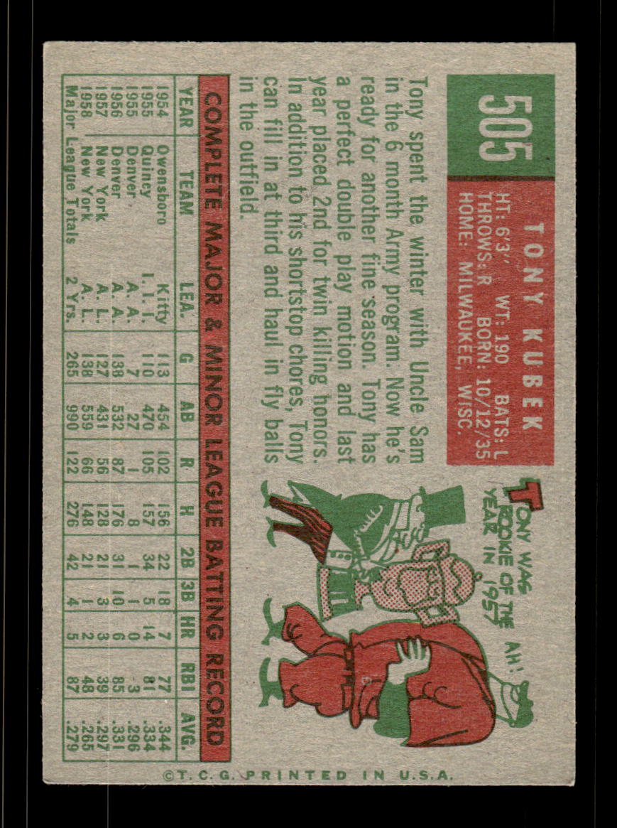 1959 Topps #505 Tony Kubek New York Yankees EXMT HOF10009485