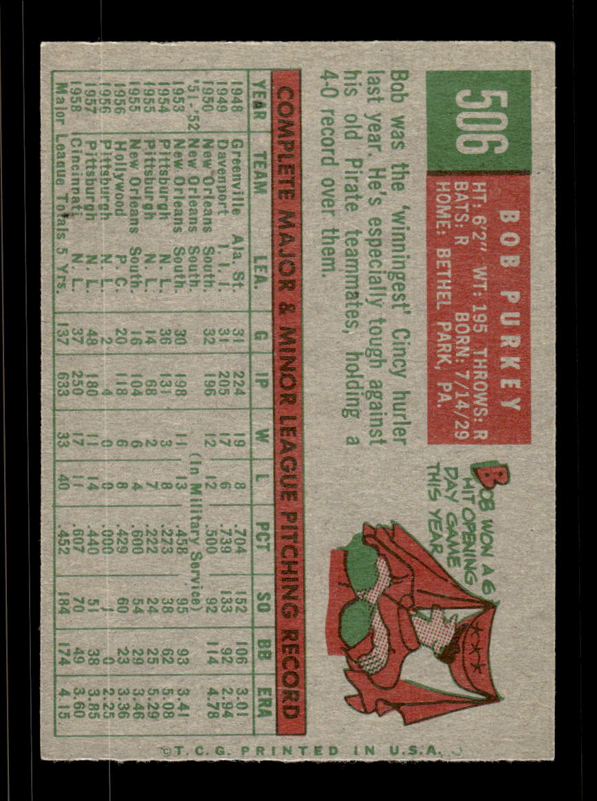 1959 Topps #506 Bob Purkey Cincinnati Redlegs EXMT HOF10009486