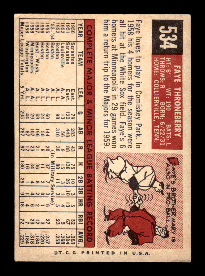 1959 Topps #534 Faye Throneberry Washington Senators EX HOF10009507