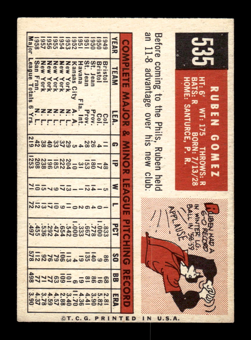 1959 Topps #535 Ruben Gomez Philadelphia Phillies EXMT HOF10009508