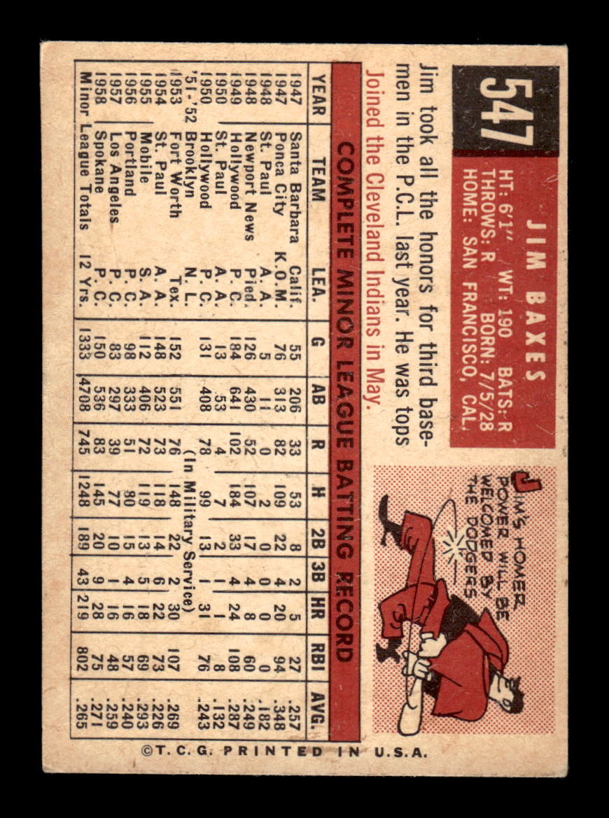 1959 Topps #547 Jim Baxes Los Angeles Dodgers EX HOF10009517