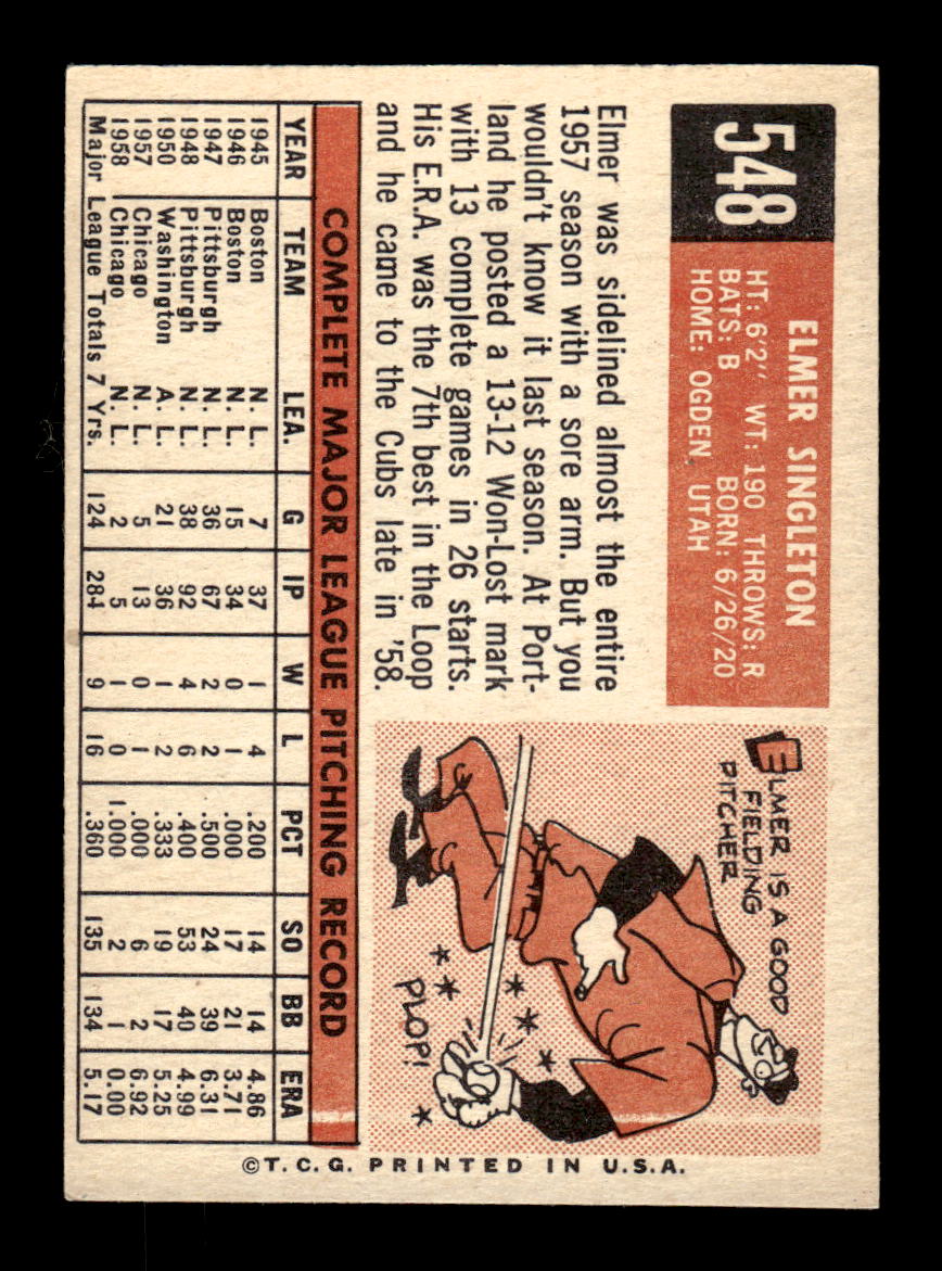 1959 Topps #548 Elmer Singleton Chicago Cubs EX HOF10009518