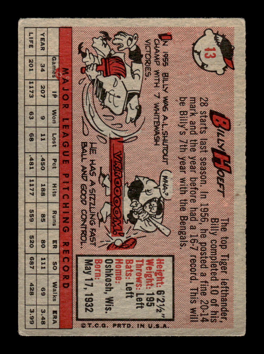 1958 Topps #13c Billy Hoeft Detroit Tigers VG KC10009545