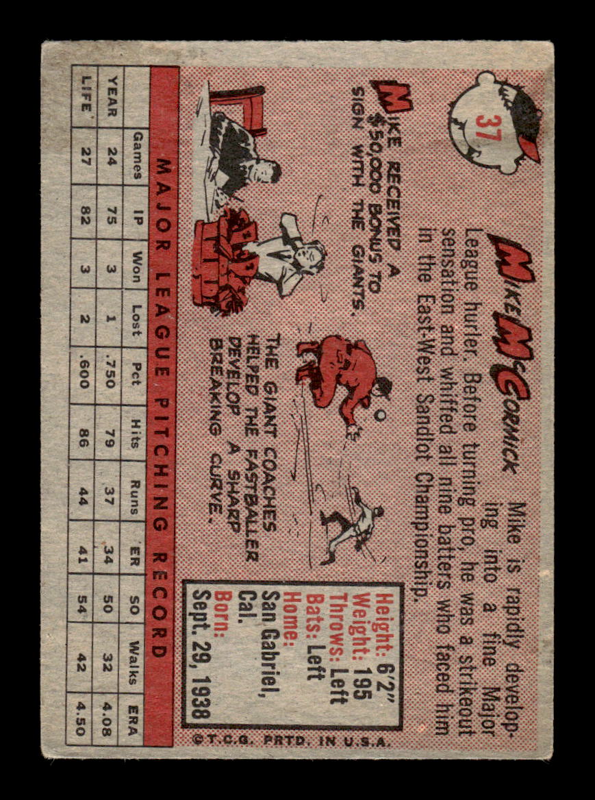 1958 Topps #37 Mike McCormick San Francisco Giants EX KC10009565