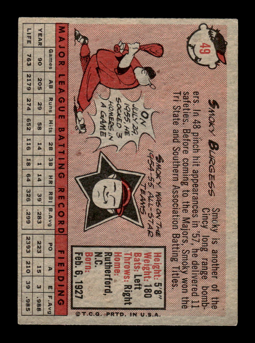1958 Topps #49 Smoky Burgess Cincinnati Redlegs EX KC10009576