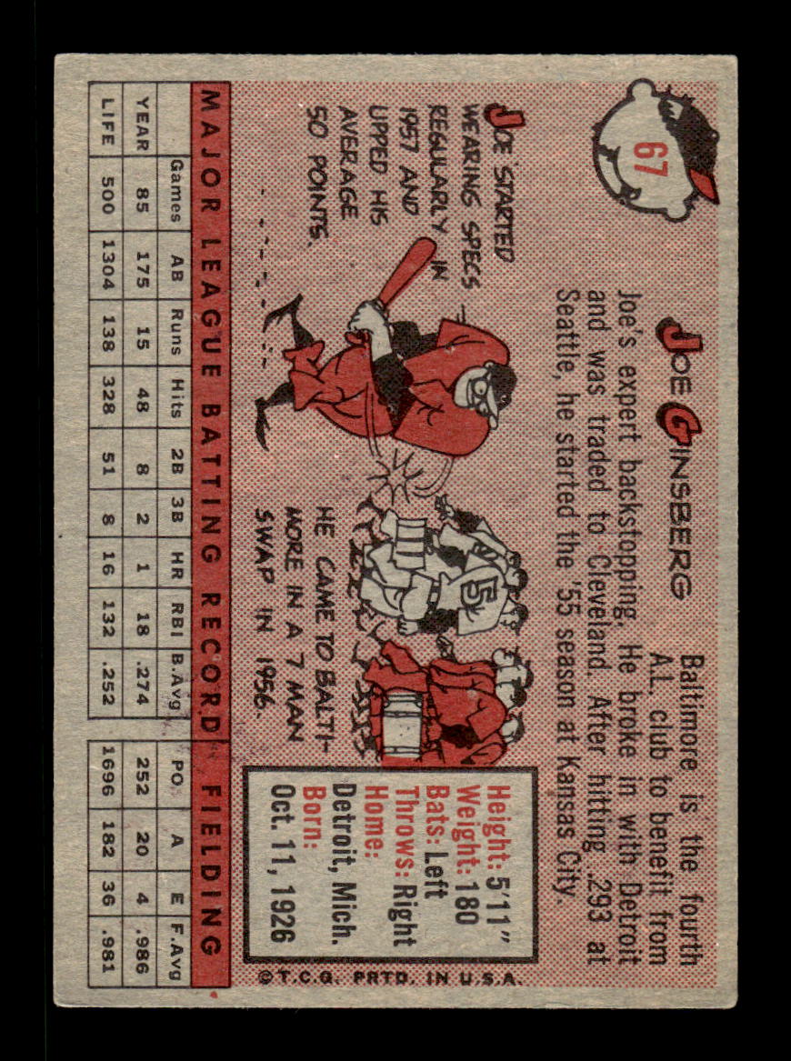 1958 Topps #67 Joe Ginsberg Baltimore Orioles EX KC10009593