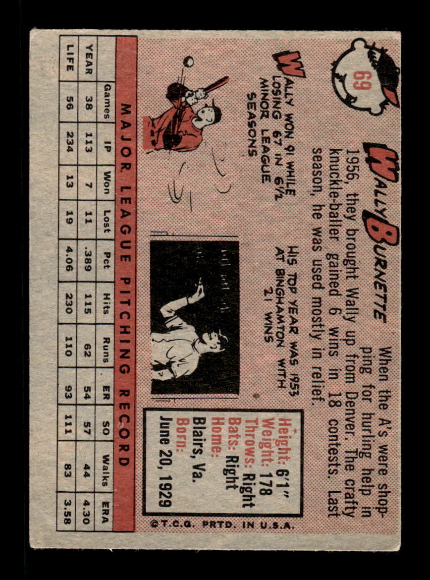 1958 Topps #69 Wally Burnette Kansas City Athletics EX KC10009595
