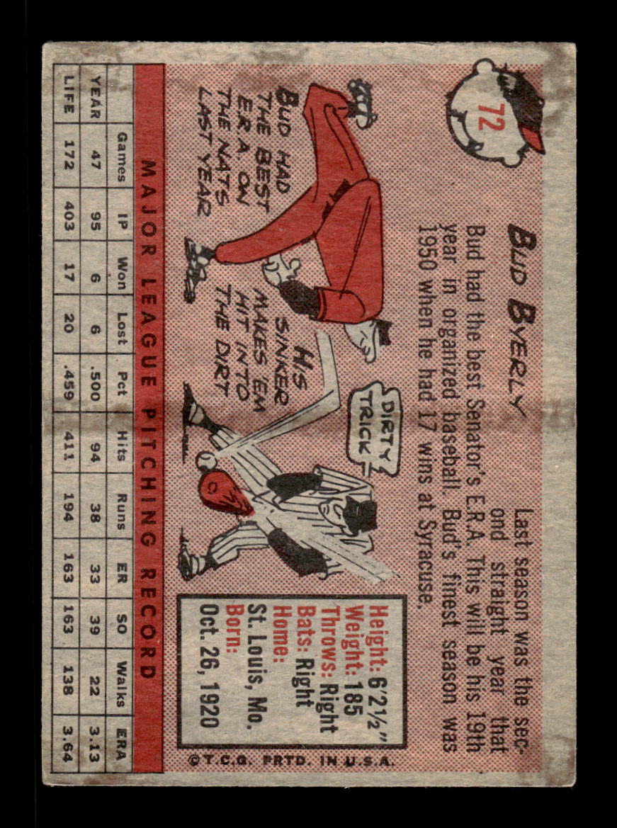 1958 Topps #72 Bud Byerly Washington Senators EX KC10009596