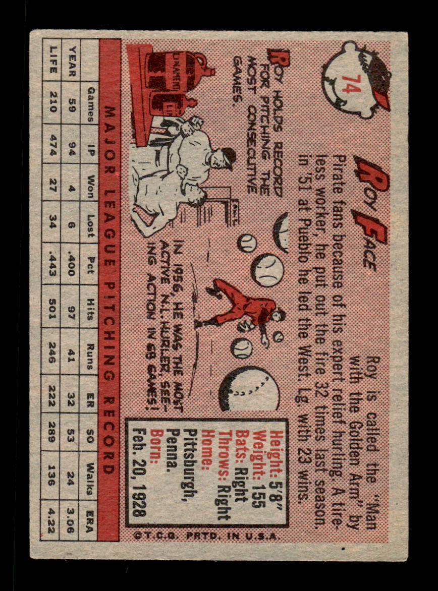 1958 Topps #74 Roy Face Pittsburgh Pirates EX KC10009598