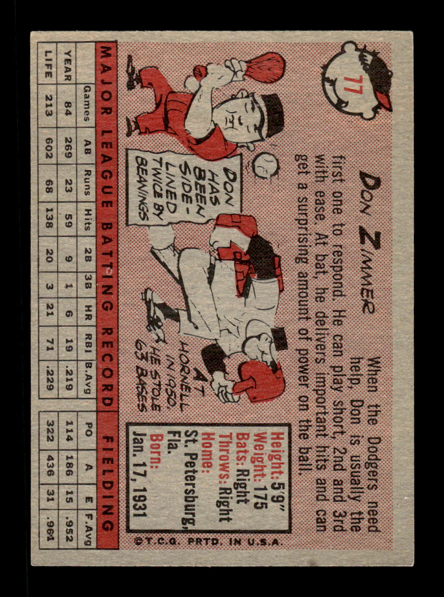 1958 Topps #77a Don Zimmer Los Angeles Dodgers EX KC10009601
