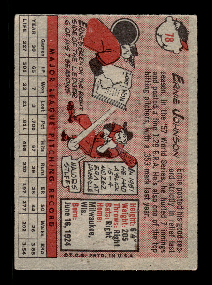 1958 Topps #78a Ernie Johnson Milwaukee Braves EX KC10009602
