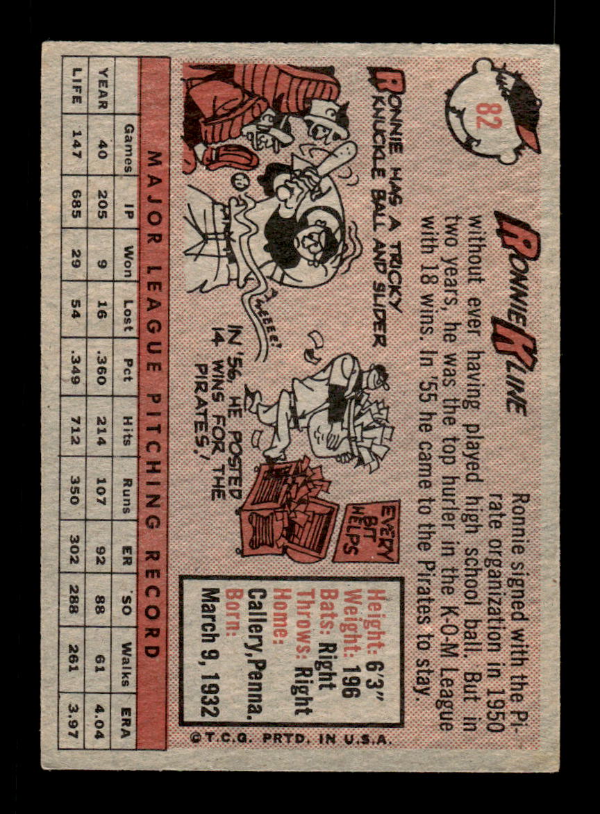 1958 Topps #82 Ronnie Kline Pittsburgh Pirates EX KC10009606