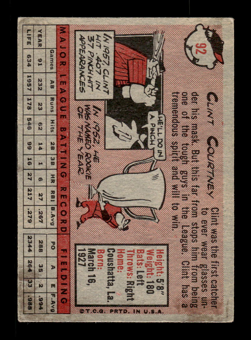 1958 Topps #92a Clint Courtney Washington Senators Poor KC10009615