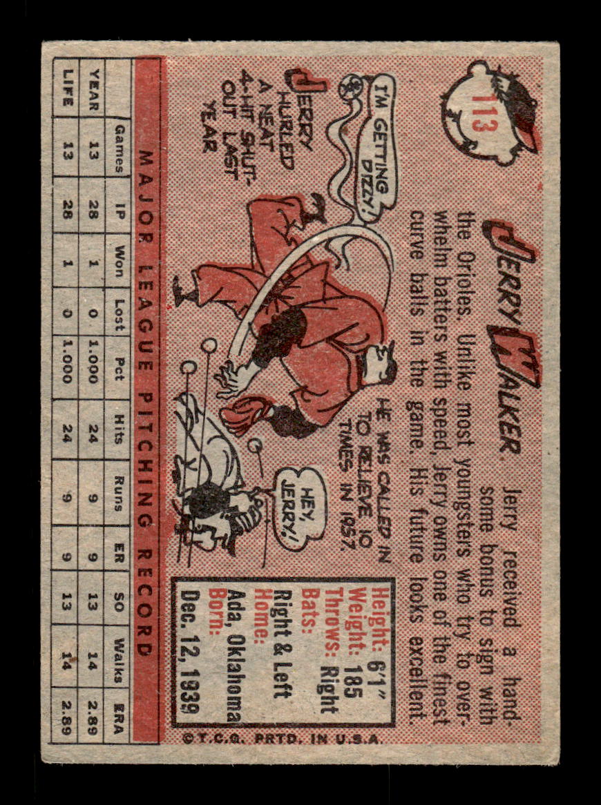 1958 Topps #113 Jerry Walker Baltimore Orioles EX KC10009634