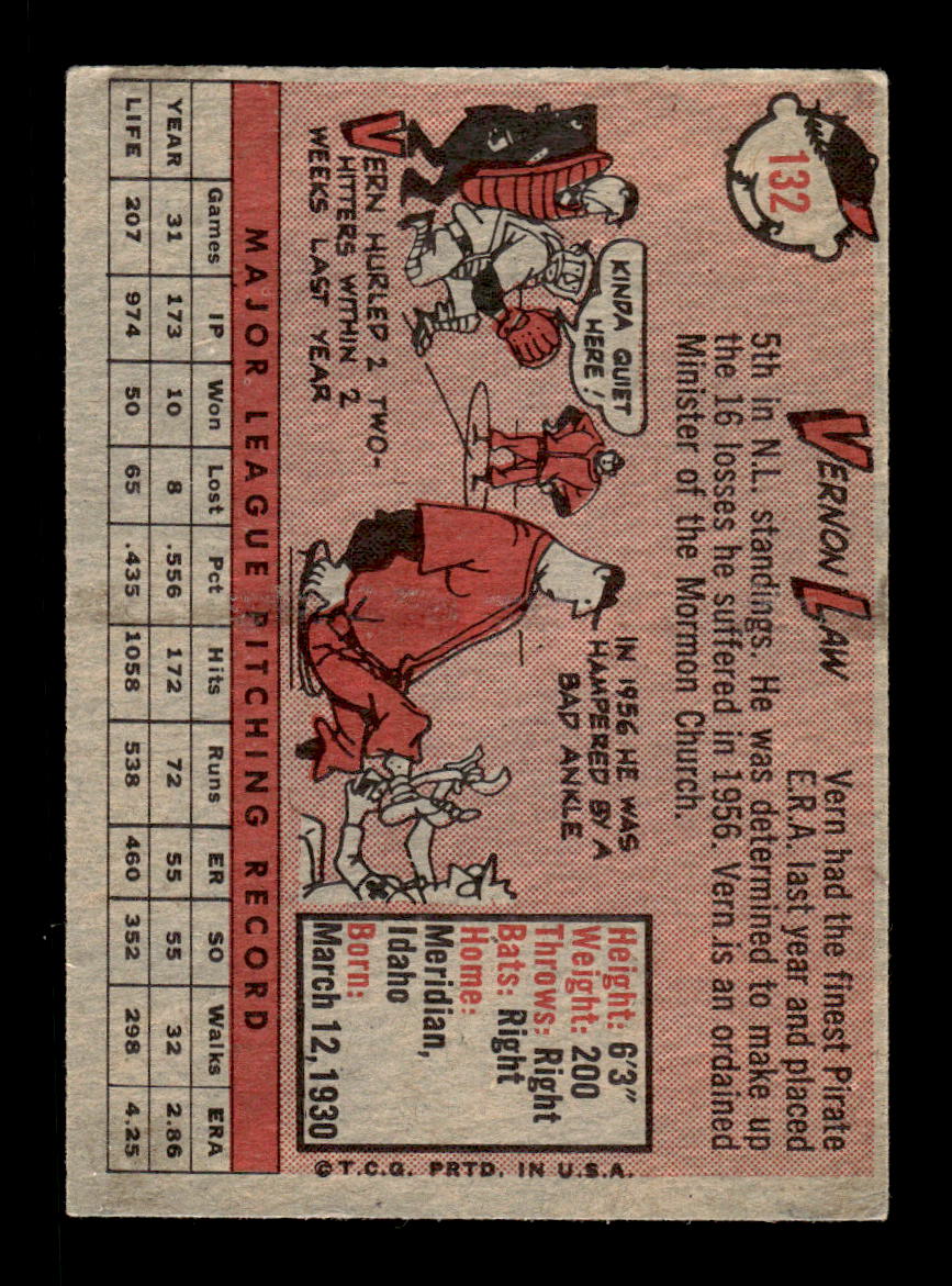1958 Topps #132 Vernon Law Pittsburgh Pirates EX KC10009653