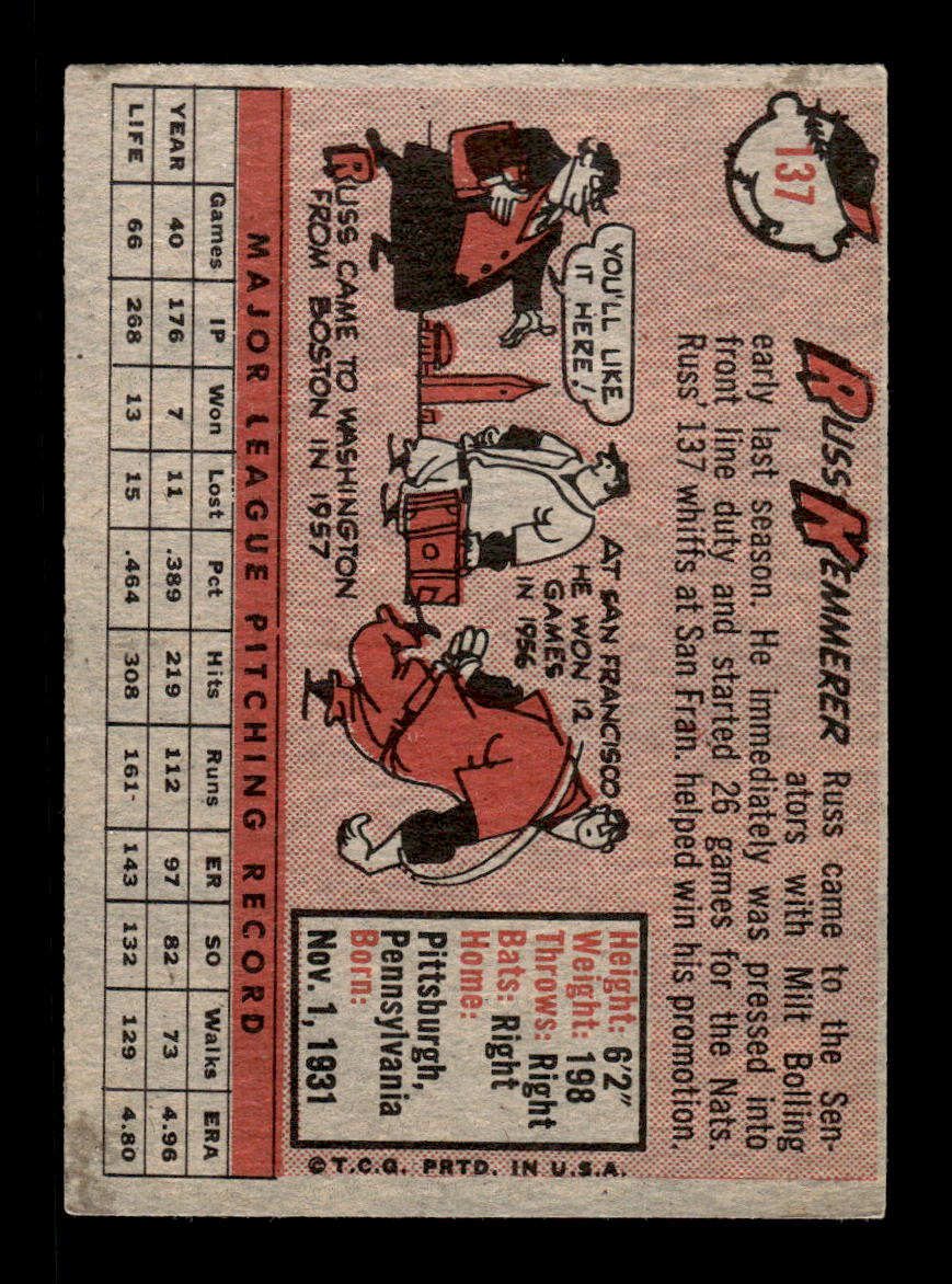 1958 Topps #137 Russ Kemmerer Washington Senators EX KC10009658